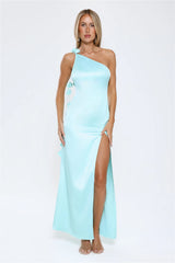 Romance Redefined One Shoulder Satin Maxi Dress Aqua