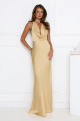 Glitz Gathering Halter Satin Maxi Dress Gold